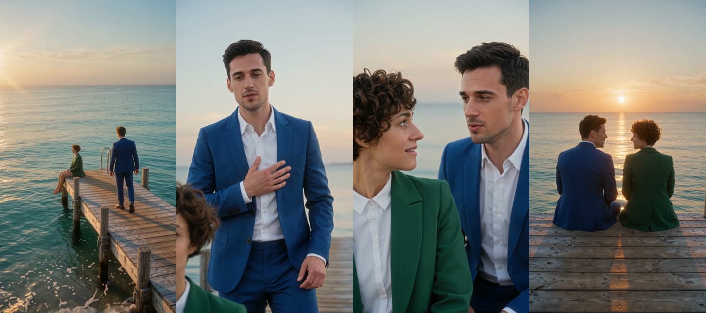Four frames from a 15-second Raindance AI trend video: a woman in a green suit sits at the end of a wooden dock over turquoise sea at golden hour as a man in a blue suit walks toward her, he sings with a hand on his chest, the two look at each other and smile, then they sit side by side facing the sunset.