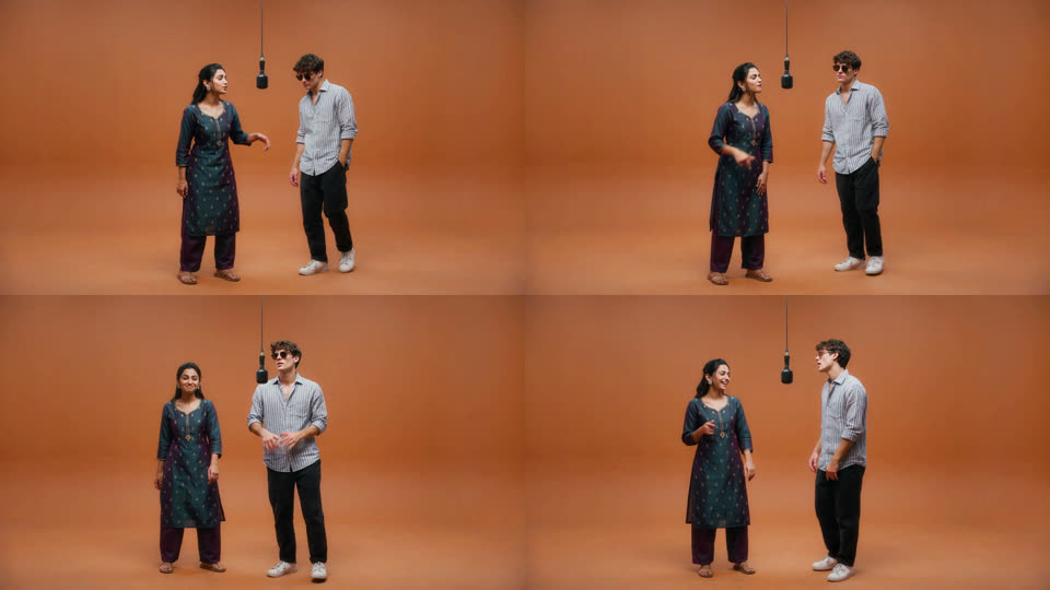 Four frames from a 15-second AI rap video: two people in an orange studio with a hanging microphone. The woman on the left raps first, then the man on the right.