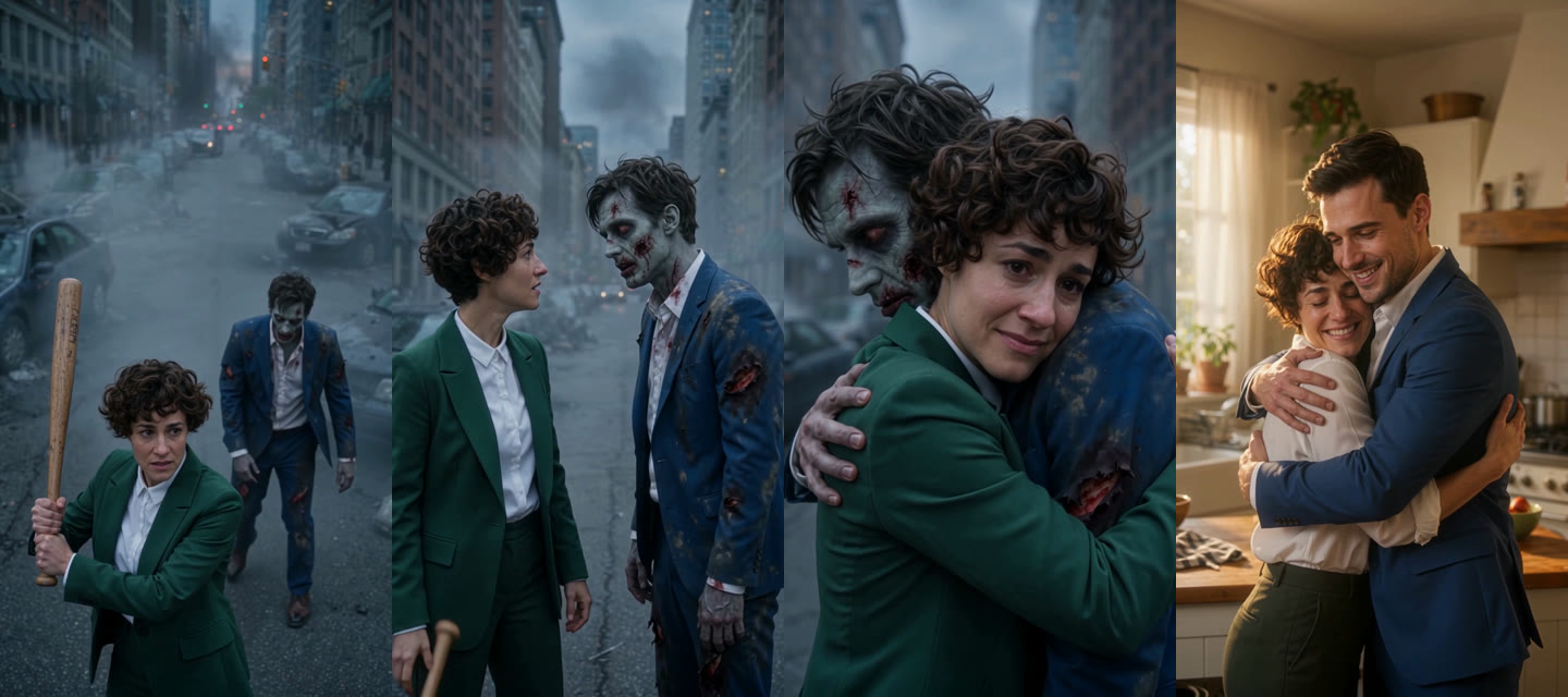 Four frames from a 15-second AI zombie couple video: a woman in a green suit holds a bat in a ruined street as a zombie in a blue suit walks out of the fog, she lowers the bat, hugs him in tears, then the two laugh in a sunny kitchen.